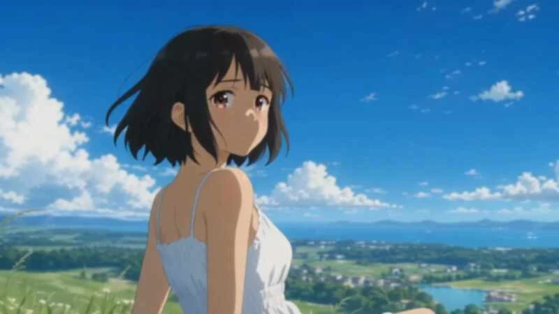 Low-resolution version of an anime illustration: a girl on a grassy hilltop under a blue sky