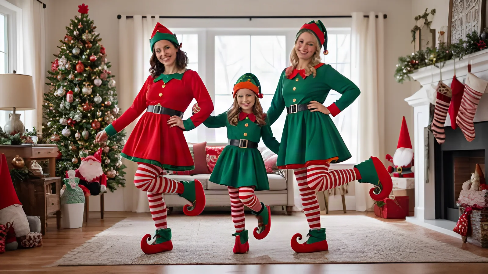 The same photo upscaled 2×, showing faces, striped stockings and tree ornaments