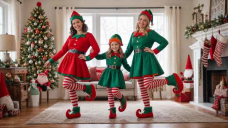 Low-resolution photo of three people in elf costumes dancing in a decorated living room
