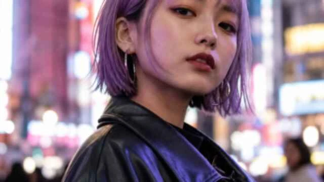 Low-resolution portrait of a woman with a purple bob in a neon-lit city at night